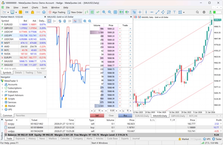 MetaTrader 5 市场深度界面：报价档位买卖量分布与单边持仓账户汇总视图